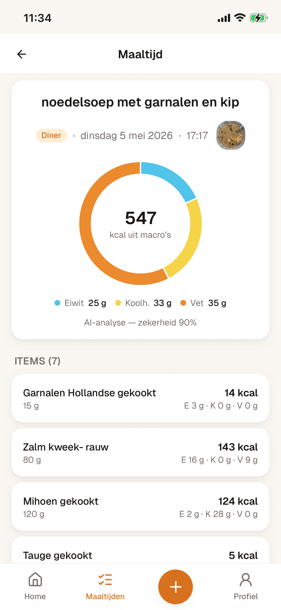 Detailweergave van een maaltijd met macro-cirkel en ingrediëntenlijst
