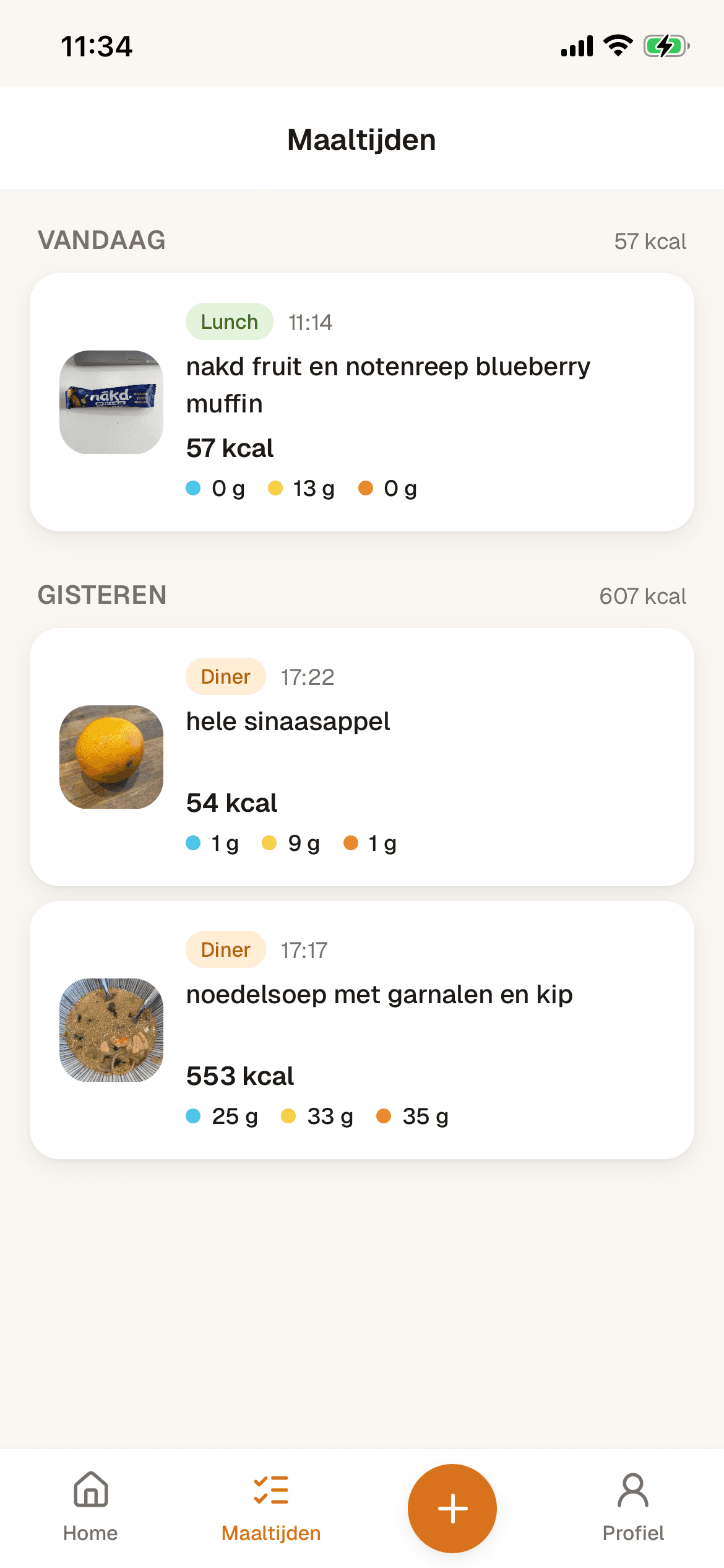 Calorietje maaltijden-overzicht met dagelijkse maaltijd-cards